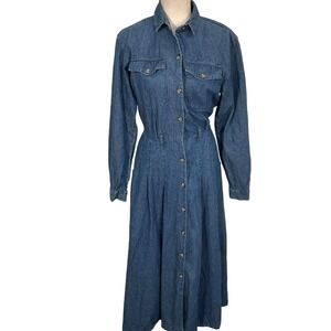 Patrick K Denim Dress Womens Medium‎ Blue Jean Shirt Long Sleeve Button Maxi